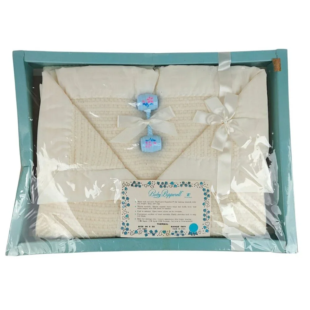 Vintage Baby Pepperell Thermal Blanket Cream Woven Soft Newborn Gift With Rattle